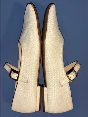 Franco Sarto Beige Valerina Mary Jane Buckle Strap Flats 8.5 Woven Square Toe